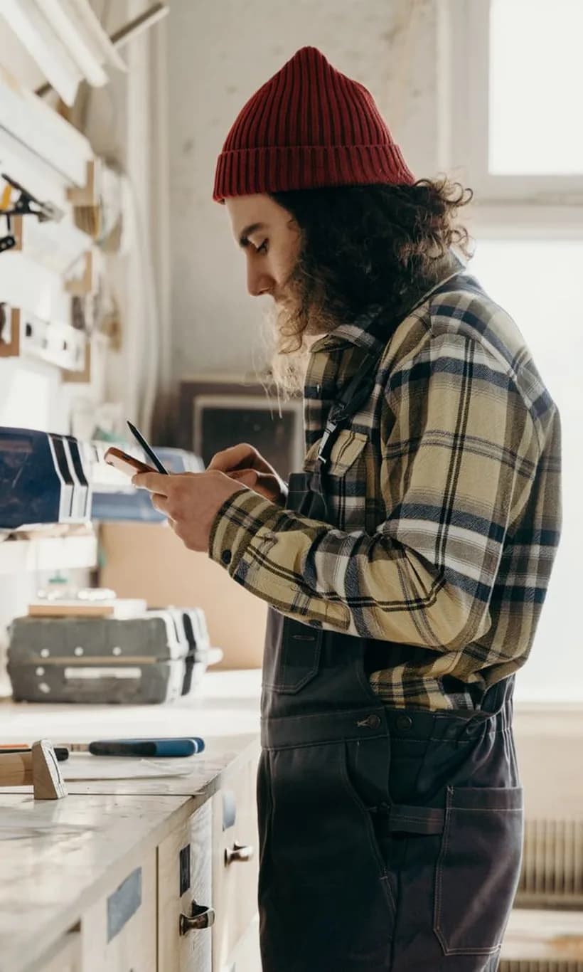Vakman in zijn werkplaats bekijkt een bericht op zijn telefoon.