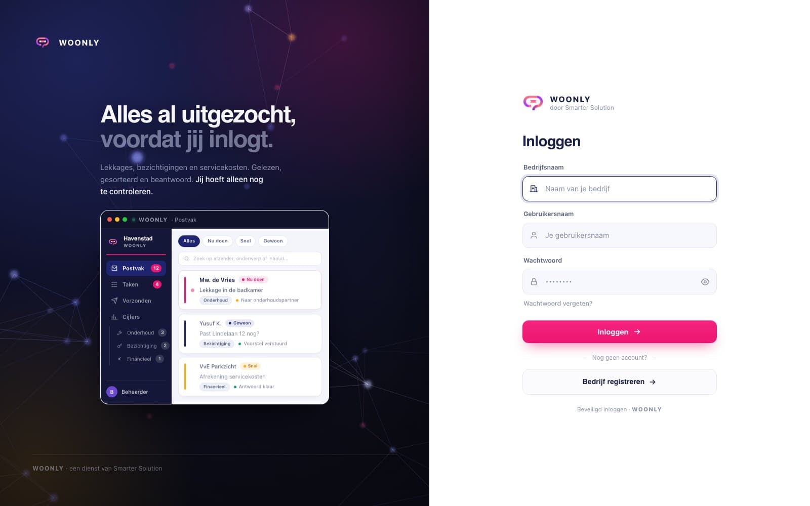 Inlogscherm van Woonly met een voorbeeld van het postvak
